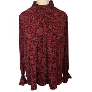 H&M Red & Black Leopard Blouse w/Ruffle high neck & cuffs Size XXL